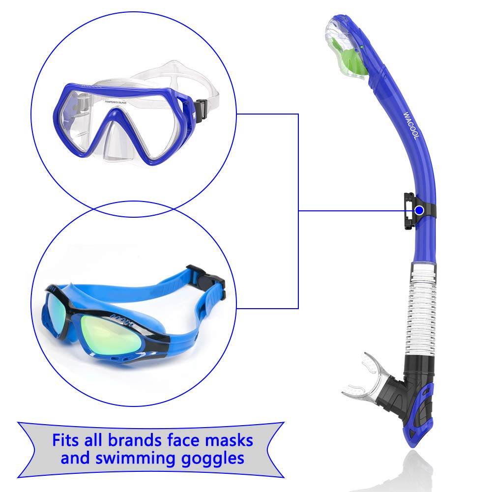 WACOOL Dry Top Snorkel Tube Comfortable Mouthpiece One-Way Purge Valve with Headstrap Support for Pool Open Water Scuba Lap Swimming Swimmer Training Diving Snorkeling (Blue)
