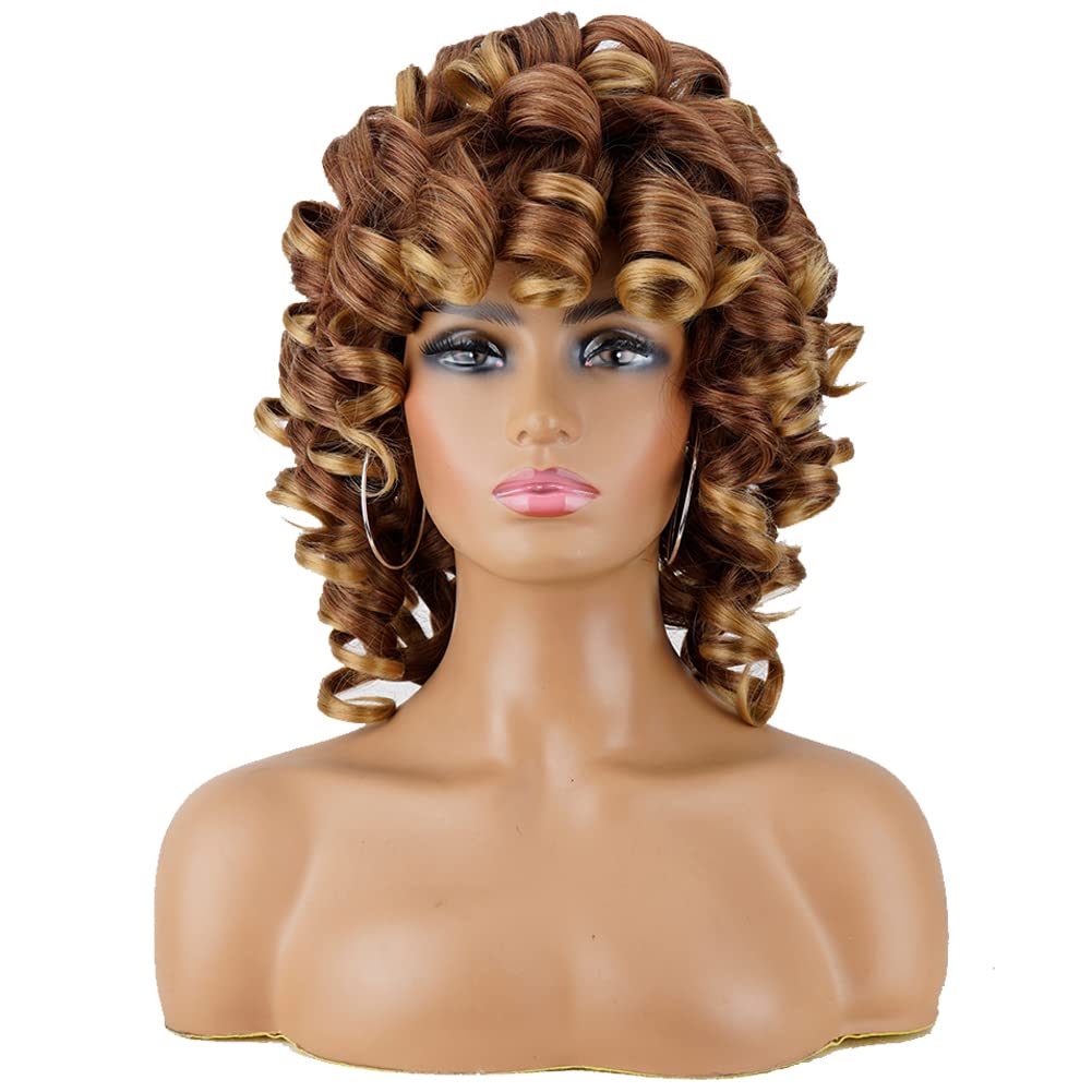 andromeda Short Curly Wigs for Black Women Soft Brown Blonde Big Curly Wig with Bangs Afro Kinky Curls Heat Resistant Daily Synthetic Wig for African American Women (T27)