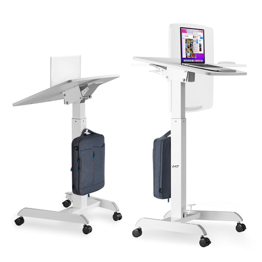 AVLT 47" Height Adjustable Mobile Workstation with Tilting Desk (3 ft 11 inches) - Foot Pedal Pneumatic Standing Desk Cart - Mobile Laptop Cart - Mobile White Cart with Brake Casters
