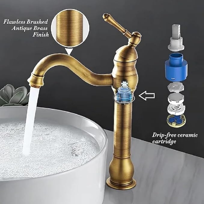 Antique Brass Single Handle Bathroom Sink Faucet, Faucet with Pop Up Drain Tall Spout Single Hole 360° Swivel Hot Cold Water Gold