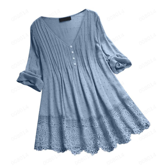 Aniywn Women Round Neck Lace Up Lace Patchwork Flare Pullover Top Casual Plus Size 3/4 Sleeve Floral Printed T-Shirt