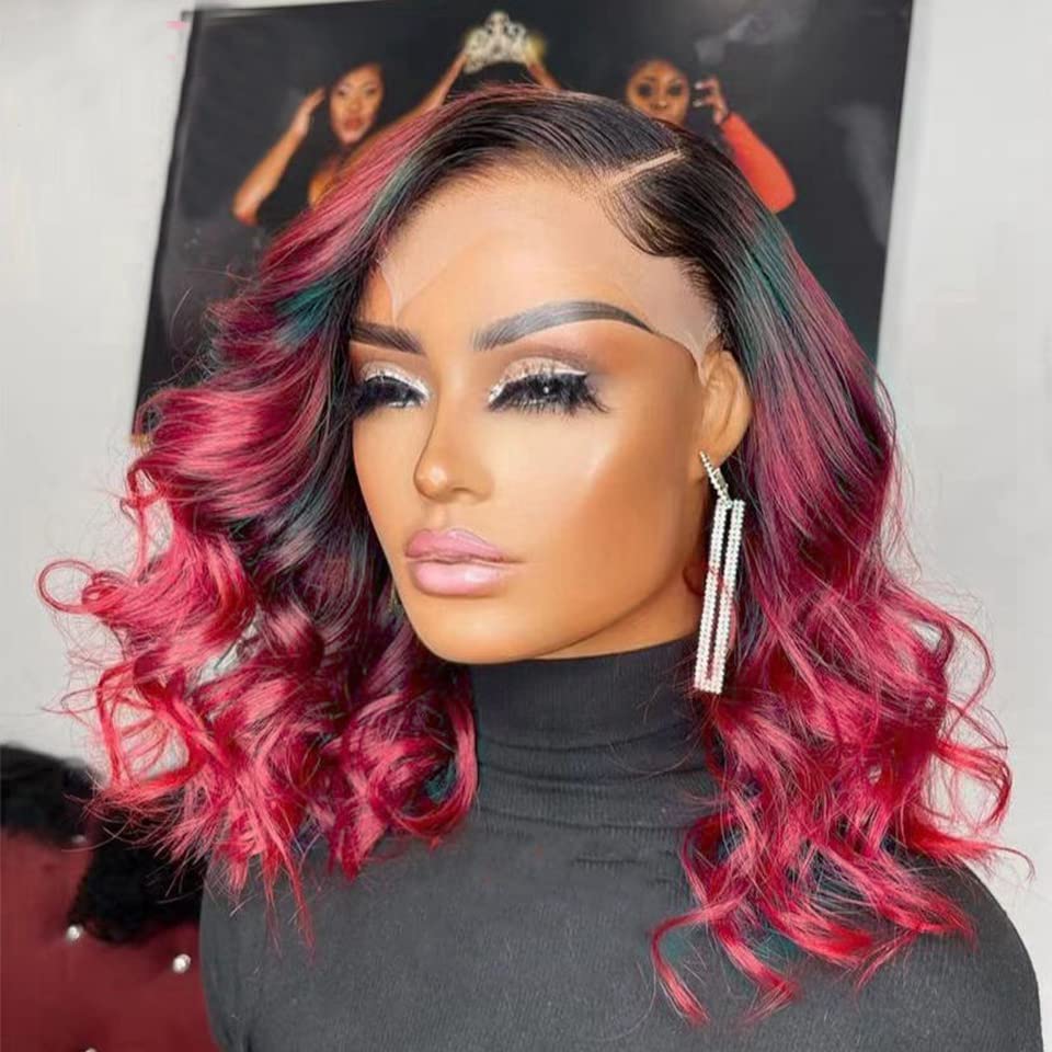 ANDRIA 13X4 HD Lace Front Wigs Pre-Plucked Hairline 16 Inches Body Wave Ombre Burgundy Glueless Lace Frontal Wigs with Baby Hair Short Bob Wig 200% Density Red Loose Wave Wine Red Lace Closure Wig