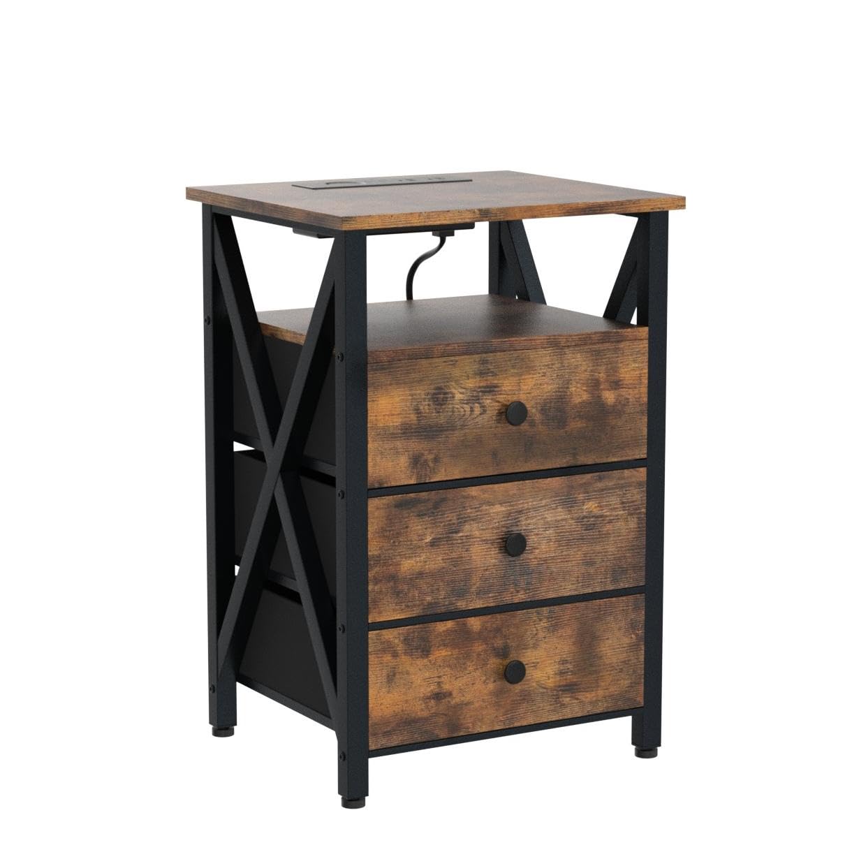AMHANCIBLE Night Stand Set 2, LED Nightstand with Charging Station, End Side Tables with USB Port & Outlet, Bedside Tables with Fabric Drawers for Bedroom Living Room, Rustic Brown HET053LBR