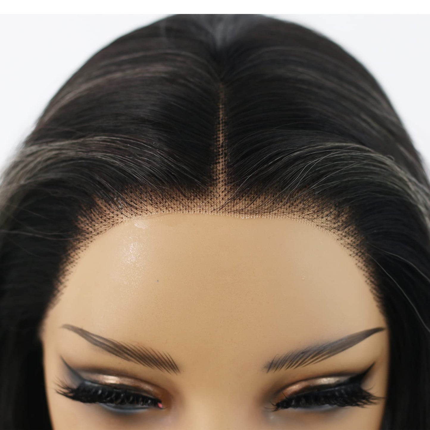 ANDRIA Lace Front Wigs Straight Hair Glueless Synthetic Long Silk Natural Wig Heat Resistant Fiber Black and White Skunk Stripe Colorful With Baby For Women 24 Inches