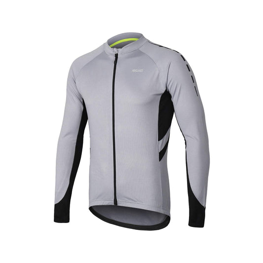 ARSUXEO Men's Full Zipper Long Sleeves Cycling Jersey Bicycle MTB Bike Shirt 6030 Light Gray Size L