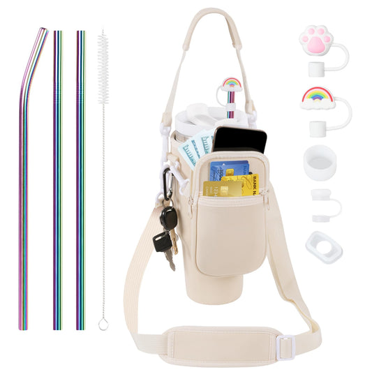 3 in 1 Water Bottle Carrier Bag with Pouch Pocket fits Stanley 40 oz Tumbler, Water Bottle Holder with Strap for Stanley Cup Accessories with Stainless Steel Straws, Straw Cover, Spill Proof Stoppers