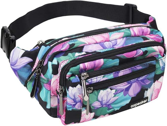 Oxpecker Waist Pack Bag with Rain Cover, Waterproof Fanny Pack for Men&Women, Workout Traveling Casual Running Hiking Cycling, Hip Bum Bag with Adjustable Strap for Outdoors (Black Base Floral)