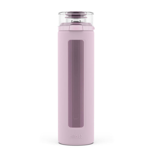 Ello Syndicate 20oz Reusable Glass Water Bottle with One-Touch Leak Proof Flip Lid, Protective Non-Slip Silicone Sleeve, Carry Loop for Coffee, Tea and Water, BPA-free, Dishwasher Safe, Cashmere Pink