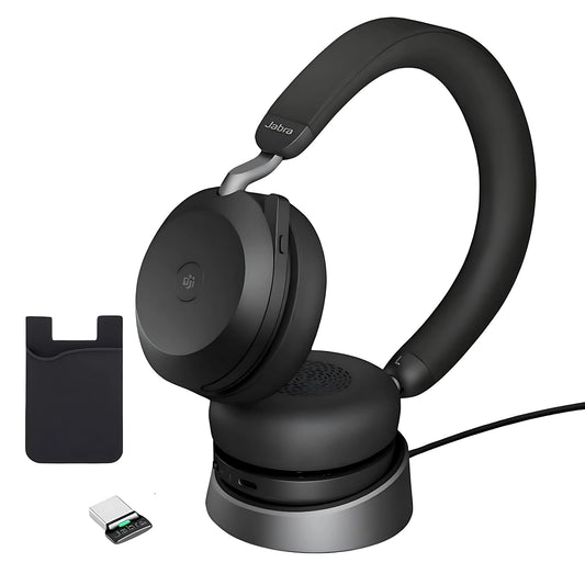 Jabra Evolve2 75 Wireless Bluetooth Headphones - Charging Headset Stand, USB-A Dongle, Compatible with Zoom, Webex, Teams, Phone Calls, PC, MAC, Mobile, Global Teck Gold Support Plan, Cellphone Wallet