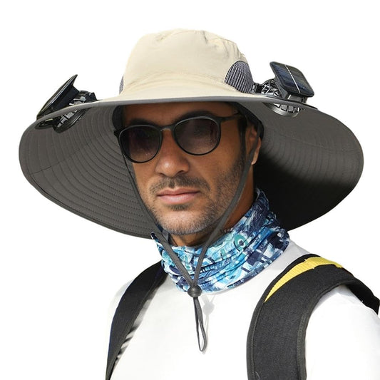Wide Brim Sun Hat with 2 Solar Fan, Fishing Hat for Men, Solar Powered Fan Fishing Hats, 3 Speed Adjustable Fan Hat