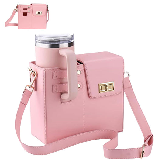 PUENBKO Outdoor Portable Crossbody Water Cup Storage Bag, Cross Body Bag with Water Bottle Holder, Adjustable Shoulder Strap, Water Bottle Carrier Bag with Storage Pocket for Women (pink)