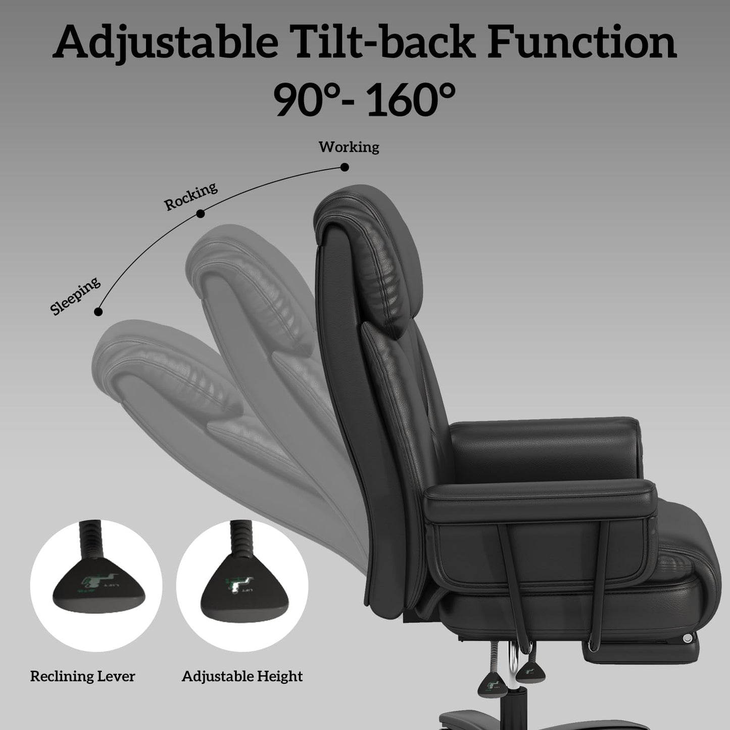 GYI Big and Tall Office Chair 400LBS, 160° High Back Reclining Office Desk Chair with Wide Seat, Arms, Footrest, Black