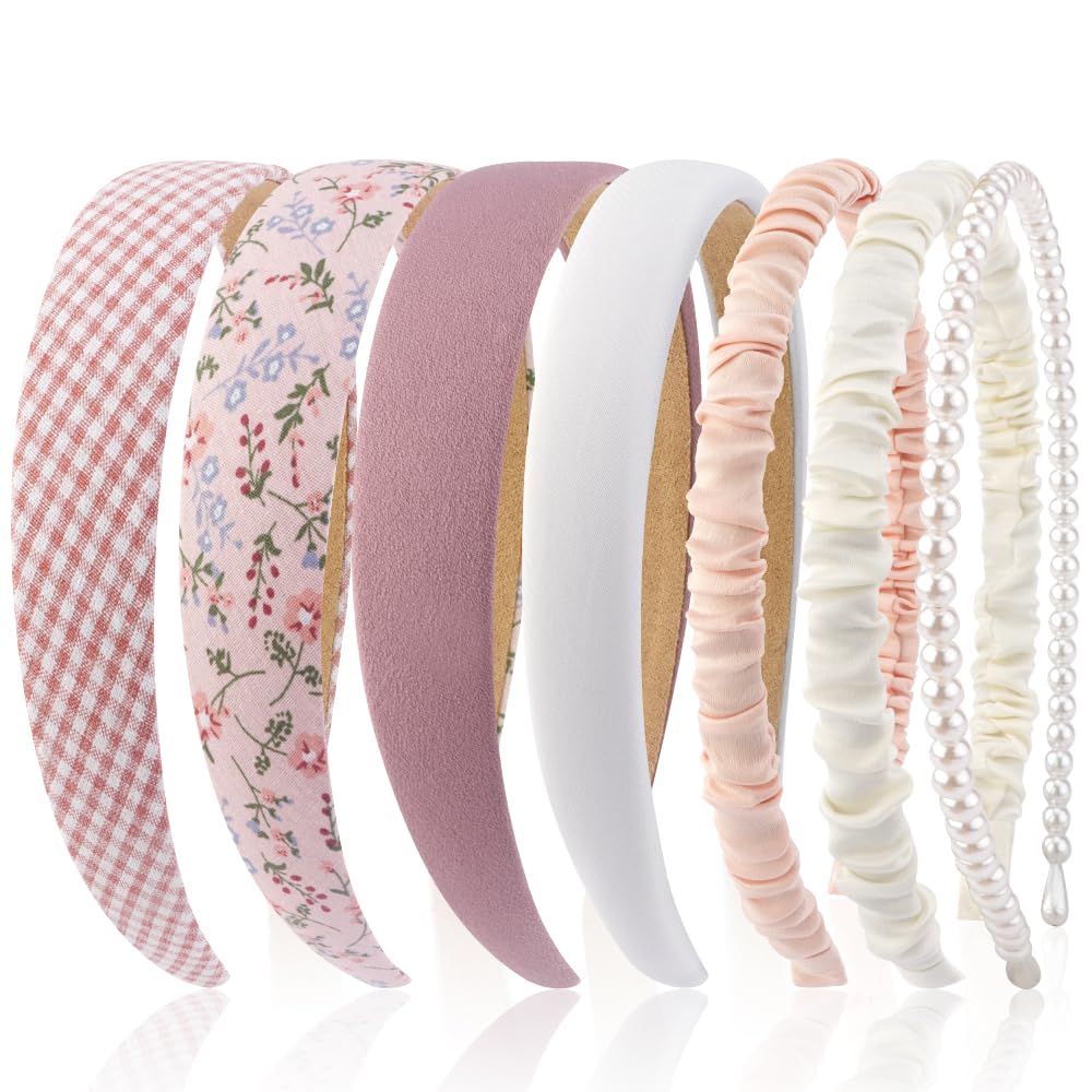 AHONEY 7 Pack Pink Headbands for Girls Women Headbands Trendy Non Slip Hairbands Cute Croquett Hair Accessories Kawaii Multi-style Headband Pack (Pink)