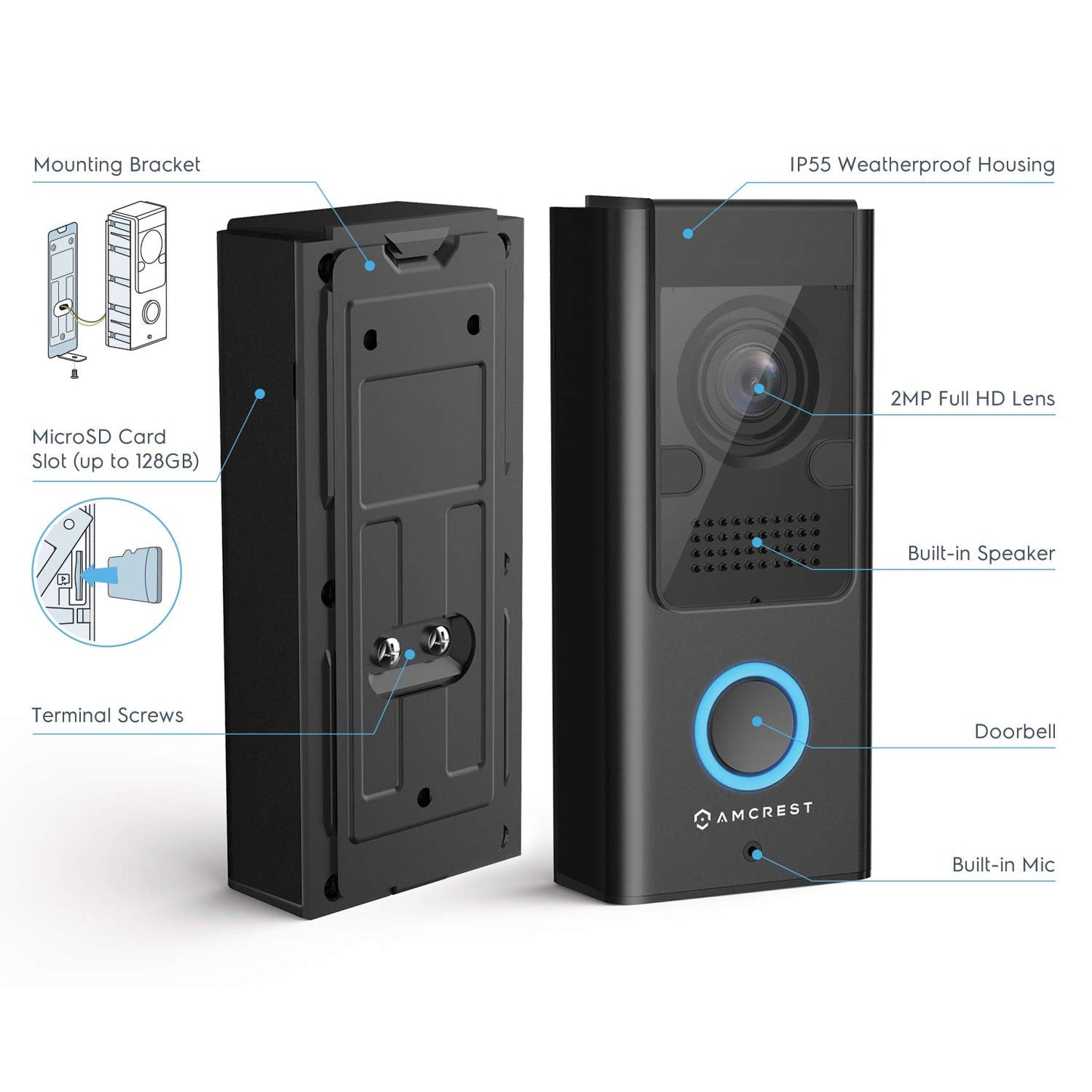Amcrest 1080P Video Doorbell Camera Pro, Outdoor Smart Home 2.4GHz WiFi Doorbell Camera (Wired Power), MicroSD Card, PIR Motion Detect, RTSP, IP55 Weatherproof, 2-Way Audio, 140º Wide-Angle AD110-SH