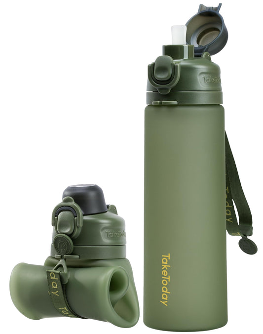 TakeToday Collapsible Water Bottles 20oz, Leak Proof, BPA-Free, Foldable Silicone Travel Water Bottle with Straw Strap for Cycling, Hiking, Outdoors (Jungle)