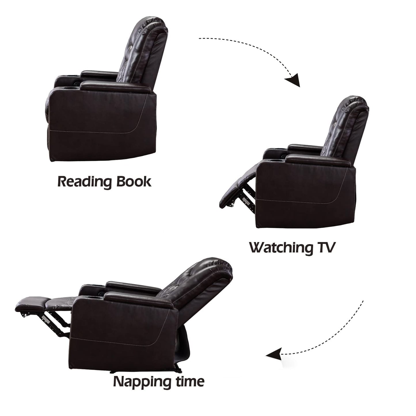 CANMOV Electric Power Recliner Chair with USB Ports and Cup Holders, Breathable Leather Home Theater Seating with Hidden Arm Storage (Brown)