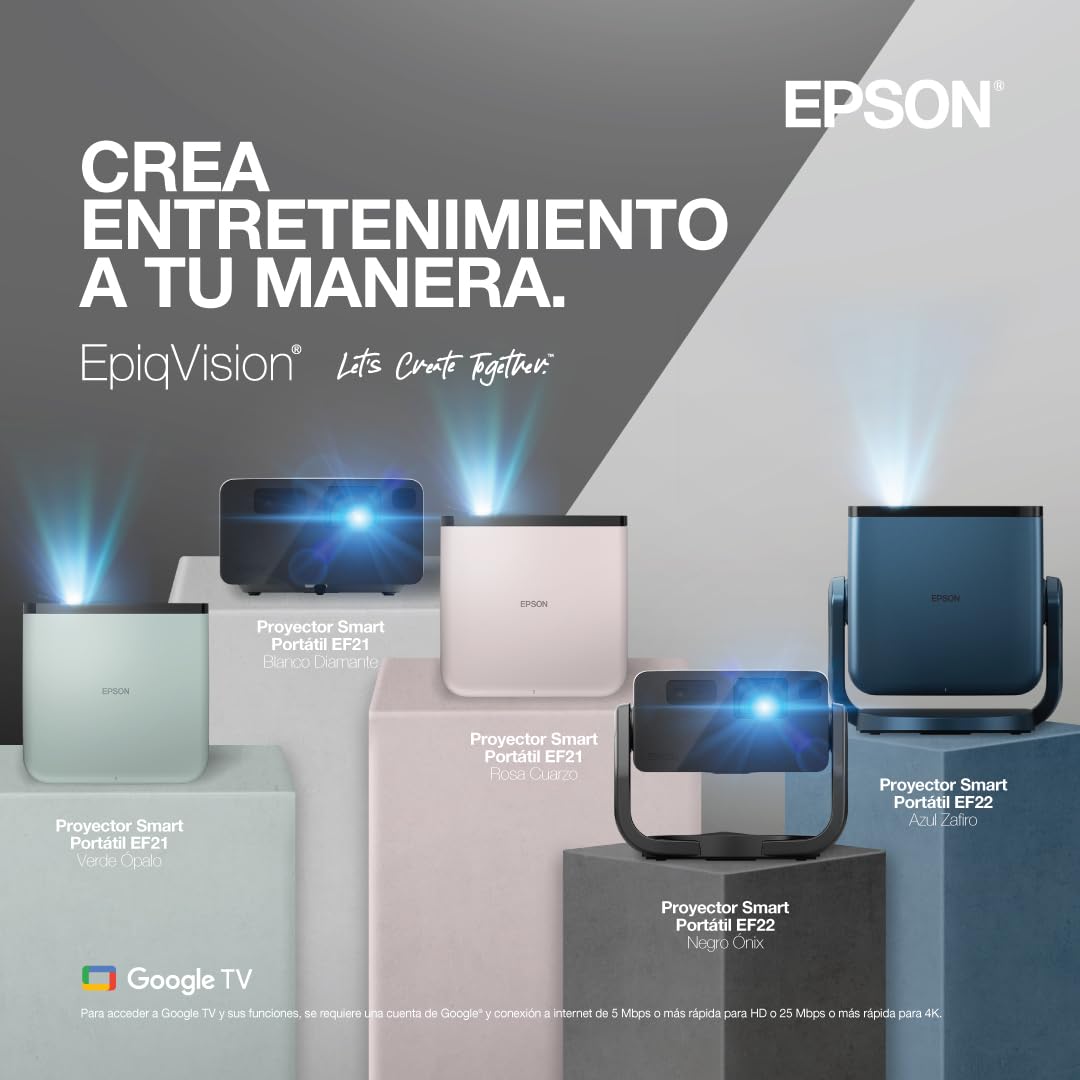 Epson EpiqVision Mini EF22 Portable Smart Laser Projector, Bright 1,000 Lumens, FHD 1080p HDR, 3-Chip 3LCD, Google TV, Netflix, Swivel Stand, Stereo Speakers, Outdoor Backyard/Home Theater - Blue