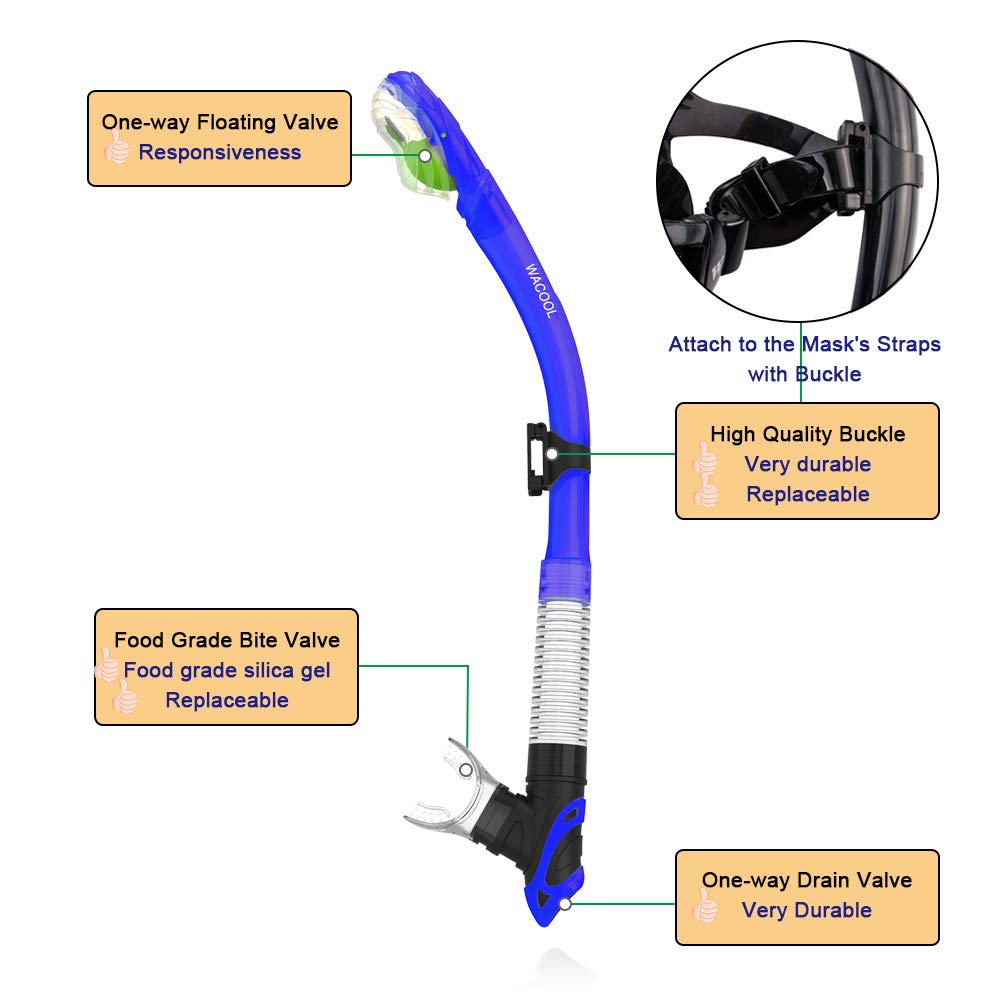 WACOOL Dry Top Snorkel Tube Comfortable Mouthpiece One-Way Purge Valve with Headstrap Support for Pool Open Water Scuba Lap Swimming Swimmer Training Diving Snorkeling (Blue)