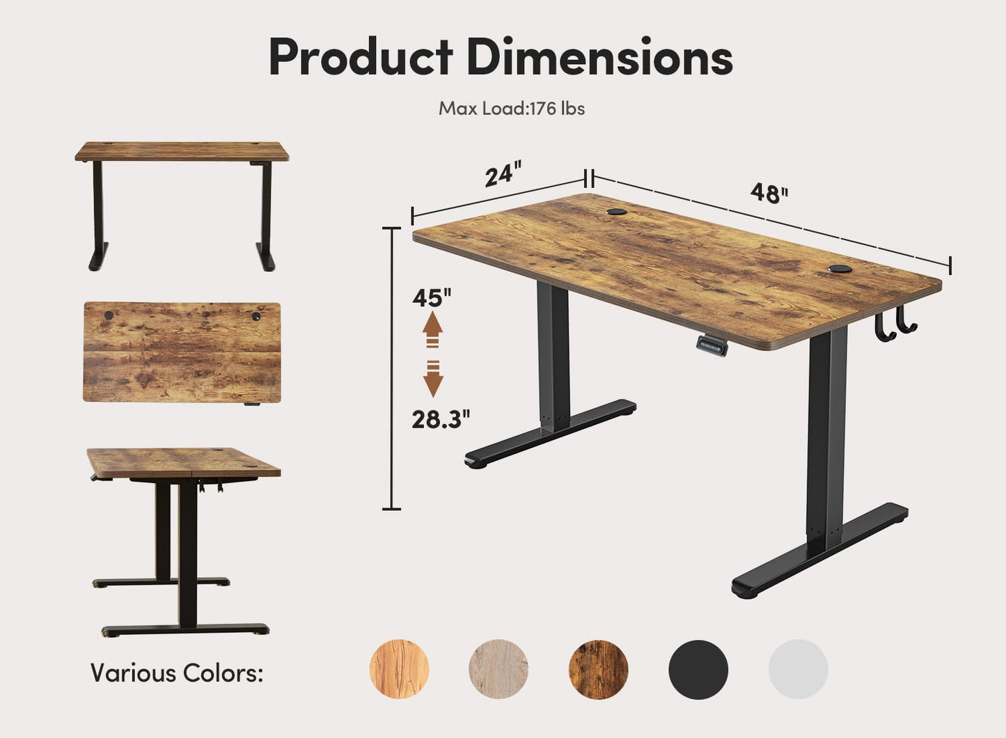 Cubiker Adjustable Desk, 48 x 24 Inch Home Office Desk, Standing Desk with Splice Board, Rustic Brown Desktop