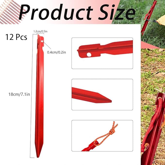 Tent Stakes,Camping Stakes,7-in Ground Pegs with Reflective Pull Ropes, Tri-Beam Stakes in a Carrying Bag, for Camping, Backpacking, Hammocks and Canopy,Aluminum Tent stakes12 Pack