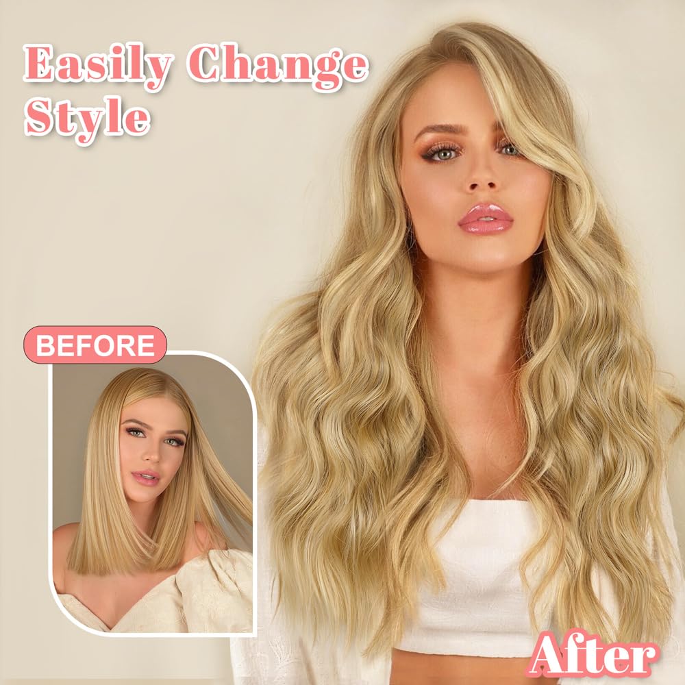 ALXNAN Clip in Long Wavy Hair Extension 20 Inch Honey Blonde to Bleach Blonde Hair Extensions 4PCS Thick Hairpieces Fiber Double Weft Hair for Women