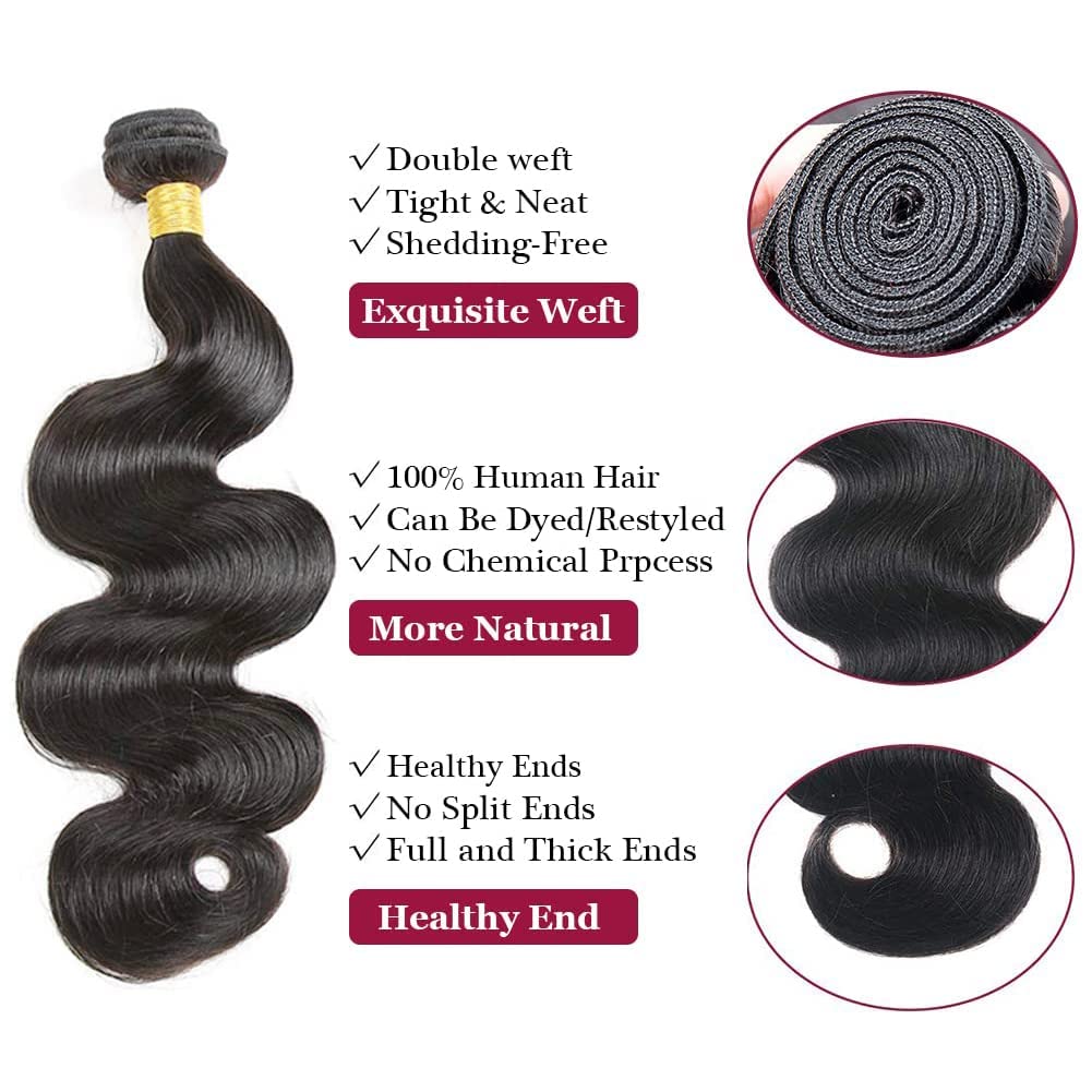 Amskdum Body Wave 3 Human Hair Bundles Extensions 12A Human Hair Weave 100% Unprocessed Brazilian Virgin Human Hair Extensions For Women Natural Black (22" 22" 22")