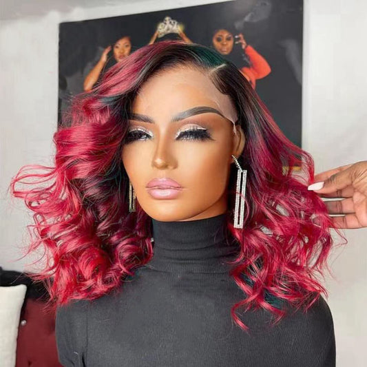 ANDRIA 13X4 HD Lace Front Wigs Pre-Plucked Hairline 16 Inches Body Wave Ombre Burgundy Glueless Lace Frontal Wigs with Baby Hair Short Bob Wig 200% Density Red Loose Wave Wine Red Lace Closure Wig