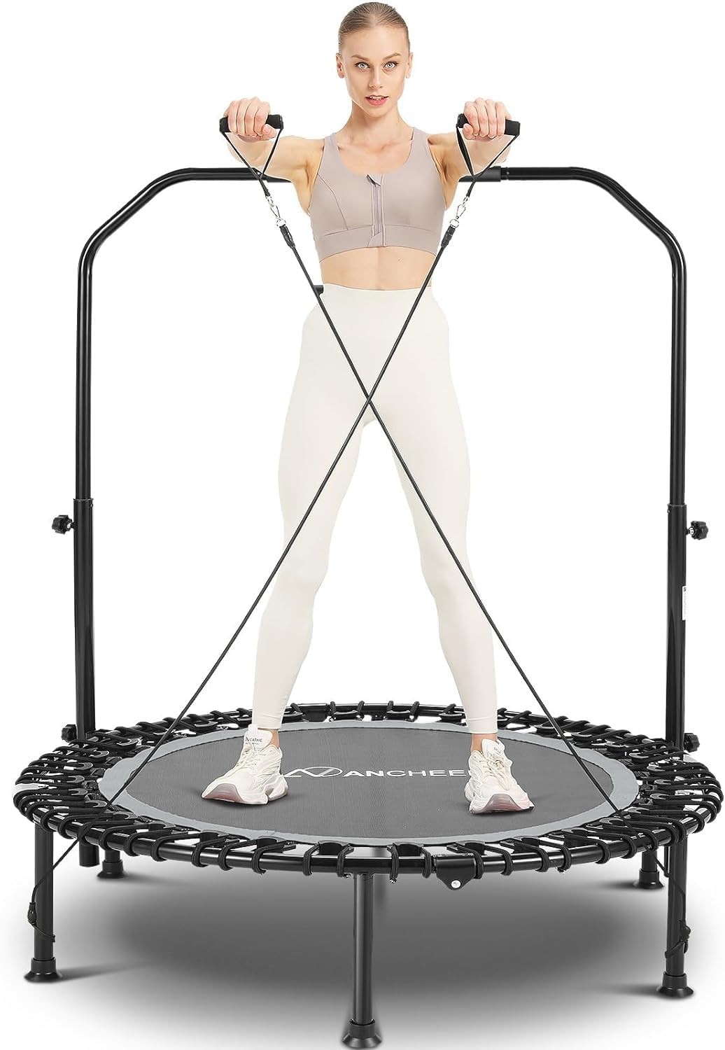 ANCHEER 40" Foldable Mini Trampoline - Max Load 350lbs - 450lbs Indoor Trampoline - with 4 Level Adjustable Foam Handle and Resistance Bands - Adult exercise trampoline for Home,Gym and Garden(Silver)