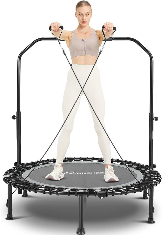 ANCHEER 40" Foldable Mini Trampoline - Max Load 350lbs - 450lbs Indoor Trampoline - with 4 Level Adjustable Foam Handle and Resistance Bands - Adult exercise trampoline for Home,Gym and Garden(Silver)