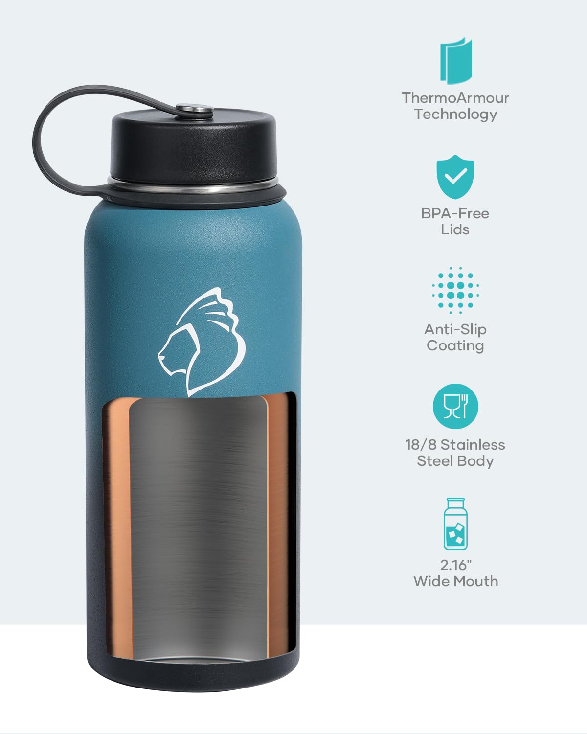 BUZIO Water Bottle with Straw Lid and Flex Cap, 32oz Modern Double Vacuum Stainless Steel Water Flask, Cold for 48 Hrs Hot for 24 Hrs Simple Thermo Canteen Mug, Indigo Black