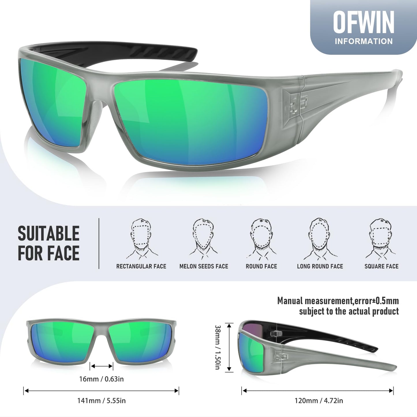 Ofwin Polarized Sports Sunglasses for Men Women Unbreakable Frame Cycling Fishing Wrap Around Sunglasses UV400 Protection Glossy Gray Silver Frame/Green Mirror Lens