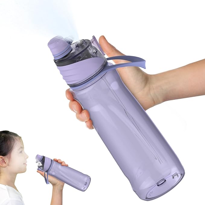 FEIJIAN Mist Water Bottle,22oz Sports Water Bottle with 2-IN-1 Mist & Sip Function, BPA-Free Plastic Water Bottles, Misting Water Bottle, Leakproof & Lightweight, Ideal for Fitness and Outdoor, Purple