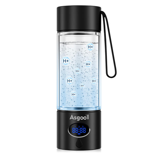 Hydrogen Water Bottle - 5000 ppb, Self Cleaning, Cyclic Mode for 8 Hours, FDA Certification, Portable, Rechargeable, LED Timer, Aluminum, Glass and Stainless Steel (Black, 360ml)