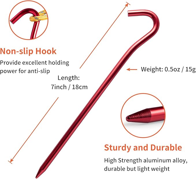 12 PCS Metal Tent Stakes Tent Pegs with Hook for Camping Ground Rug Party Tarp (7 Inch)