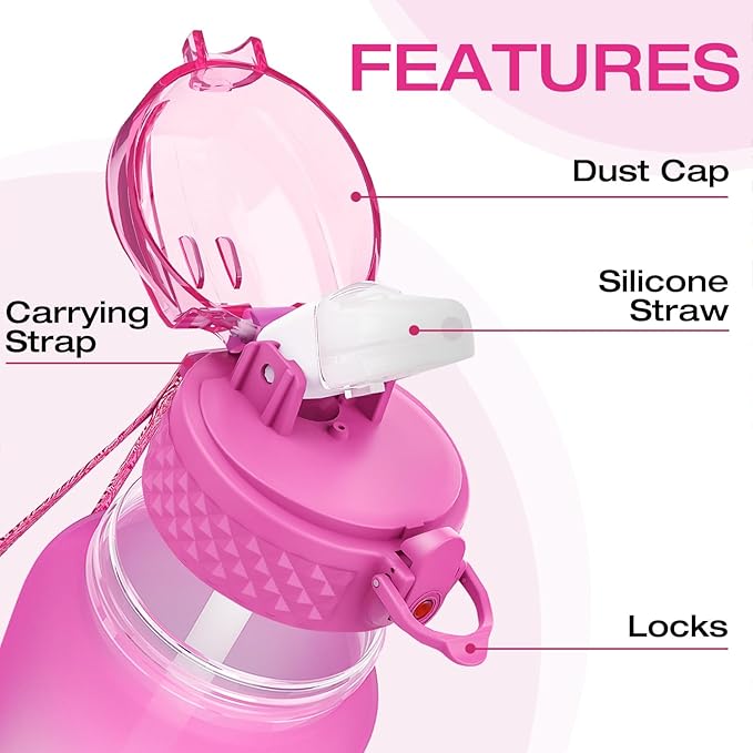OLDLEY Kids Water Bottle for School, 12 oz (Straw Lid) BPA-Free Reusable Leak-proof Durable Tritan Plastic Water Bottles with One-handed Opening Straw Lids, Anti-dust Spout Cover (Rose red)