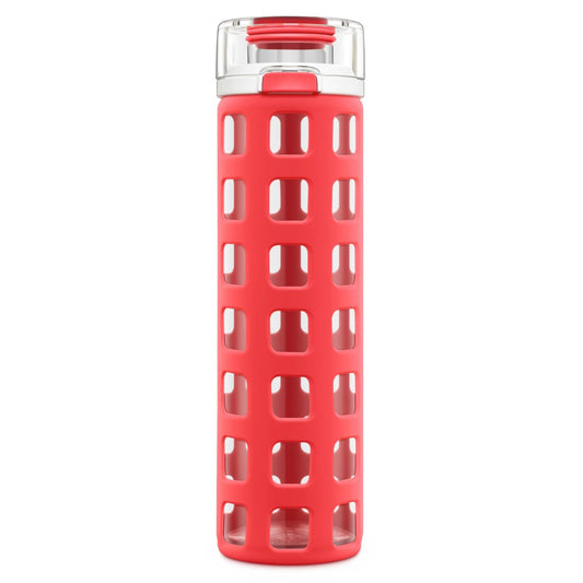 Ello Syndicate Glass Water Bottle with One-Touch Flip Lid and Protective Silicone Sleeve and Carry Loop, BPA Free, Dishwasher Safe, Coral, 20oz