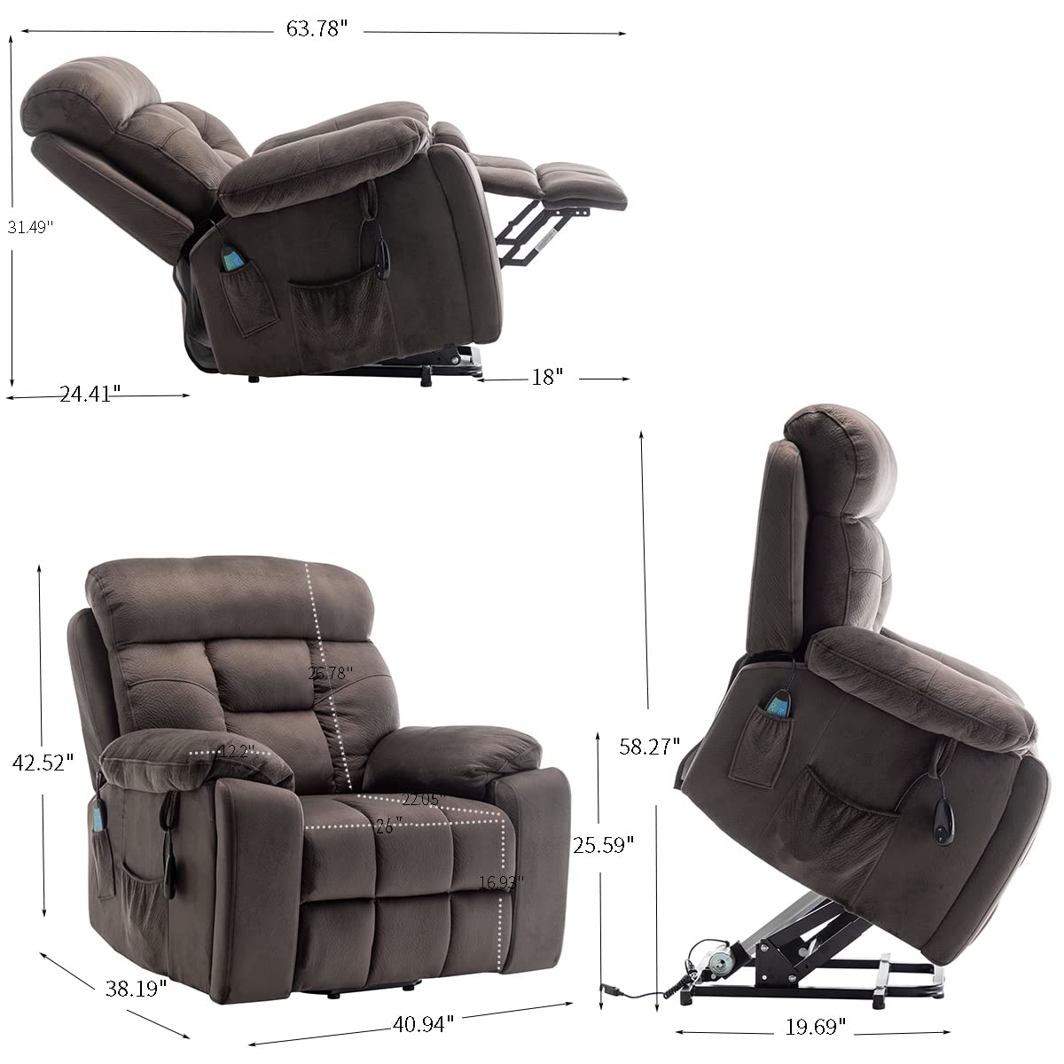 FANYE Electric Power Lift Recliner Chair for Elderly W/Massage and Heat, Infinite Positions 2 Remote Controllers Oversized Velvet Upholstered Recliner & Armchair W/Side Pockets & Hidden Cup Holders
