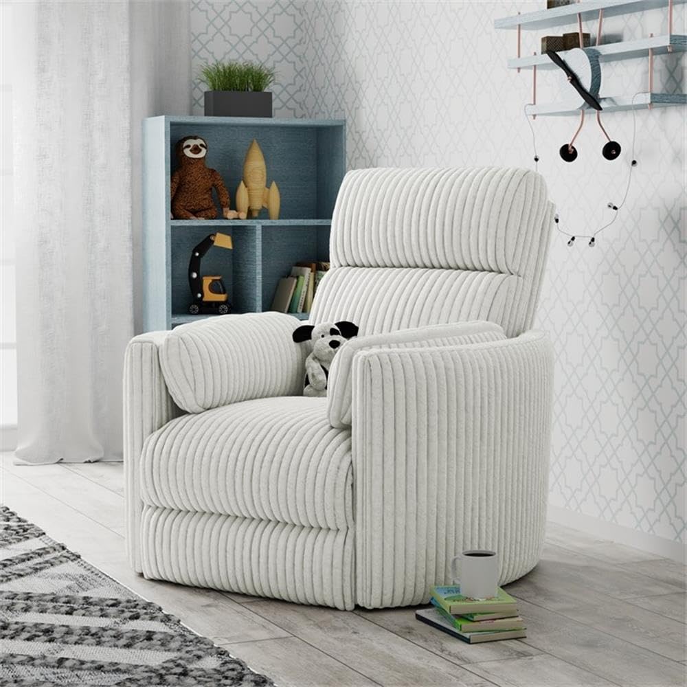 Pemberly Row Contemporary Fabric Swivel Glider Recliner in Ivory with USB Charging Ports and 2 Comfort Pillows for Living Room
