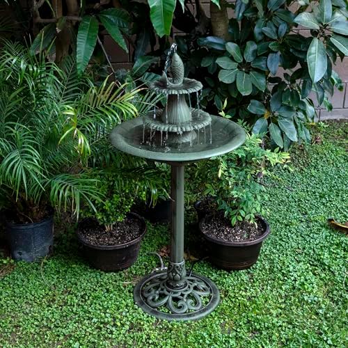Alpine Corporation TEC104 Outdoor Floor 3-Tiered Pedestal Soothing Cascading Waterfall Fountain with Birdbath, 40", Green