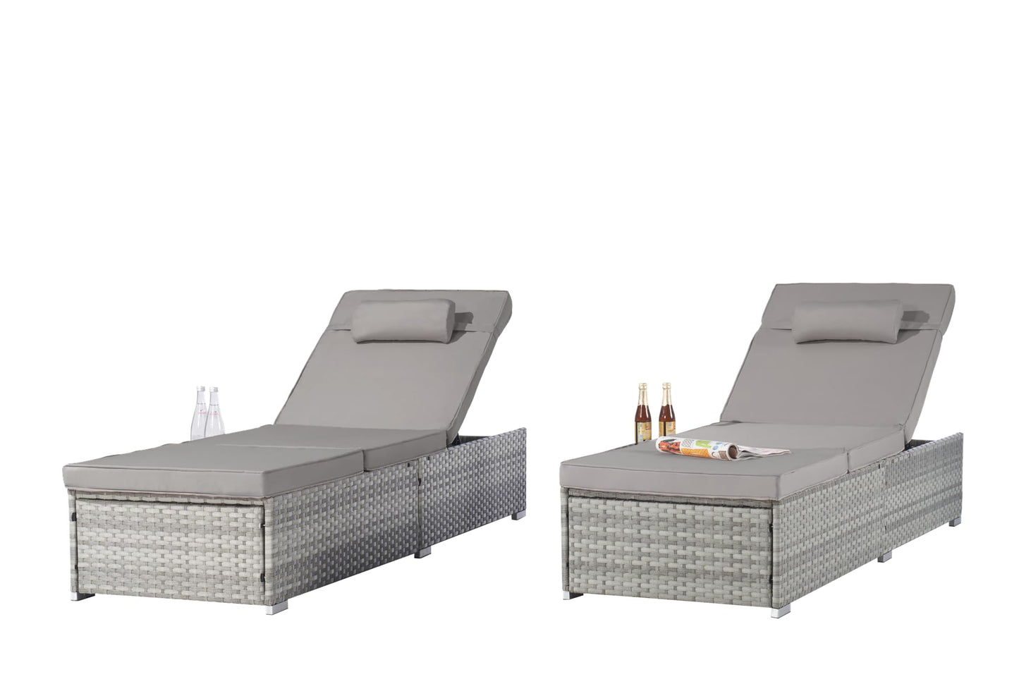 YOPTO Outdoor Chaise Lounge Chair Set of 2,Beach Rattan Recliners with 5-Position Adjustable Backrest and Table,Weatherproof Garden & Outdoor Furniture for Poolside,Light Gray