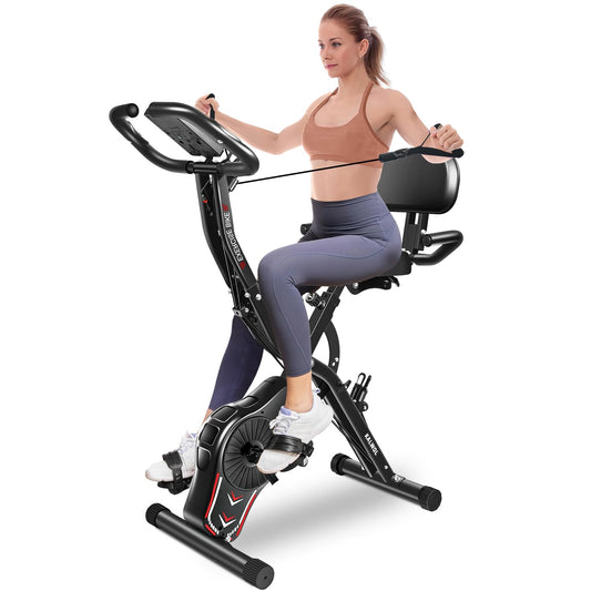 KALWOL Folding Exercise Bike, 5-in-1 Foldable Stationary Bike Upgraded 16-level Magnetic Resistance 10DB Near-silent Bike Upright Indoor Cycling Bike with 350LB Capacity, Comfortable Seat Backrest…