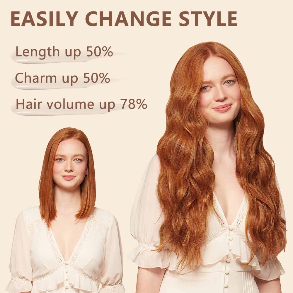 ALXNAN Clip in Hair Extension,Long Wavy Hair Extensions 20 Inch Orange Red 4PCS Thick Hairpieces for Women