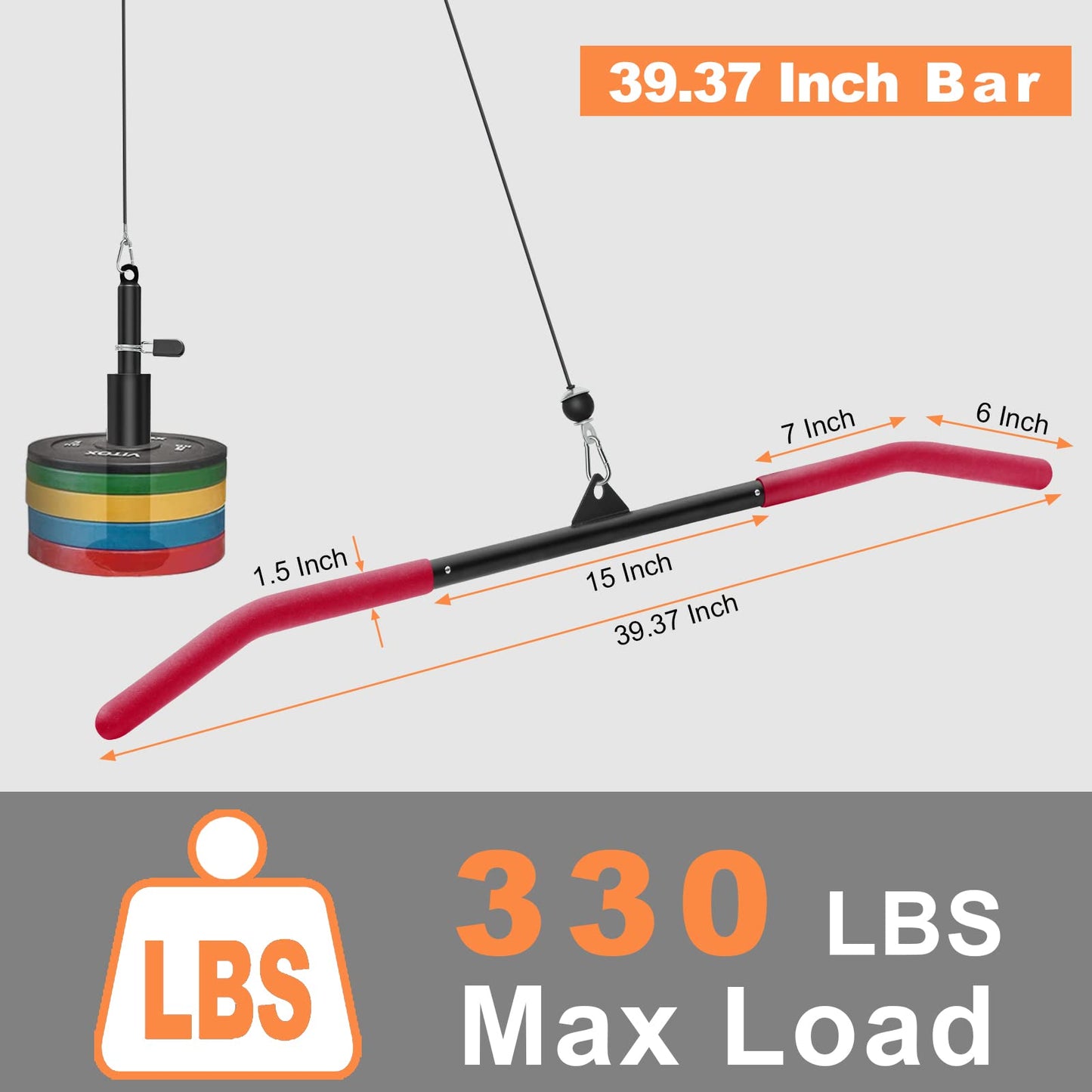 SERTT 39.37 Inch LAT Pull Down Bar Attachment for Pulley Cable Machine, Curl Tricep Press Down Bar with Rubber Handle, LAT Pulldown Attachments for Gym, Strength Workout, Muscle Building