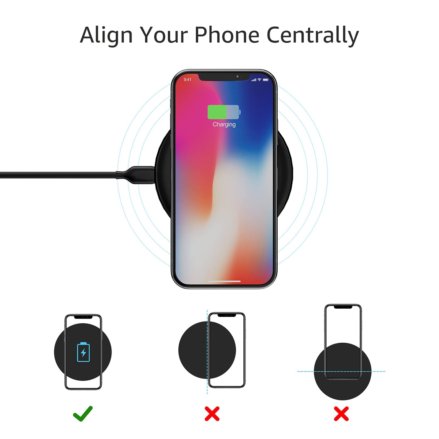 Amazon Basics 15W Qi Certified Wireless Charging Pad for iPhone 16/15/14/13/12/11/X, Samsung and More, with USB Cable, Black