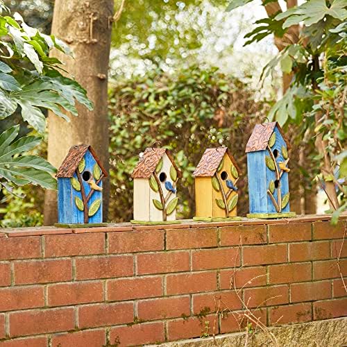 Glitzhome 9.7" H Hanging Bird House for Outdoor Patio Garden Decorative Pet Cottage Distressed Wooden Birdhouse, Blue Leaves