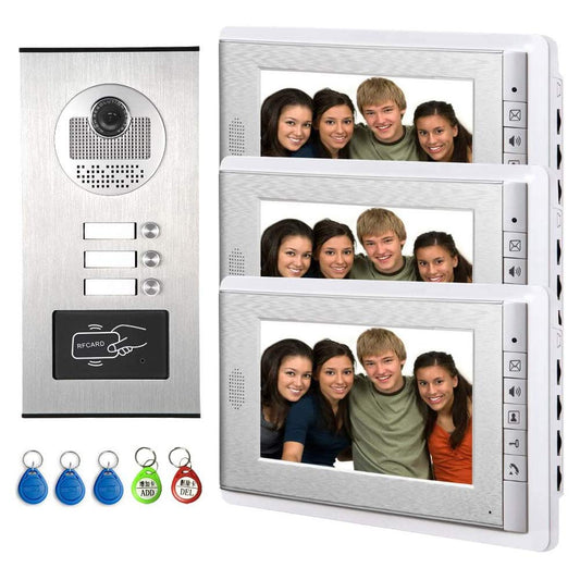 AMOCAM 3 Units Apartment Video Intercom System, 7 Inch Monitor Wired Video Doorbell Door Phone Kits, Indoor Outdoor IR Camera, ID Keyfob Unlock, Monitoring, 3-Monitors for Home Apartment