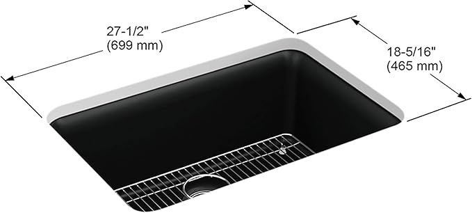 KOHLER K-28000-CM7 Cairn 27.5" Neoroc Composite Undermount Single-Bowl Kitchen Sink, Composite Kitchen Sink with Sink Rack, Matte Graphite