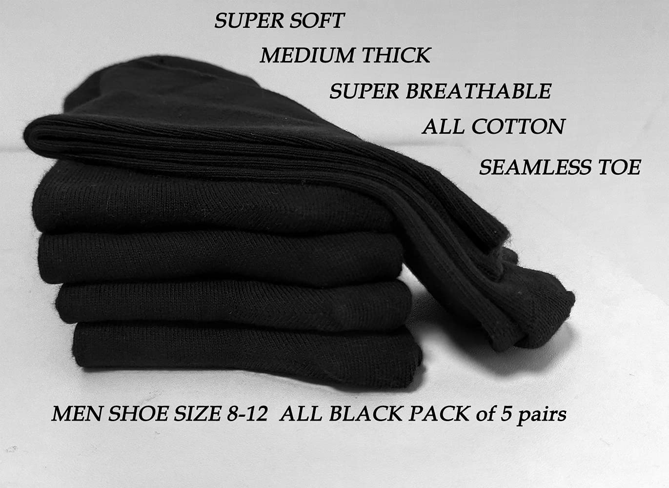 Ait fish Men's 100% Cotton Crew Socks Black and White Pack of 5 for All-season