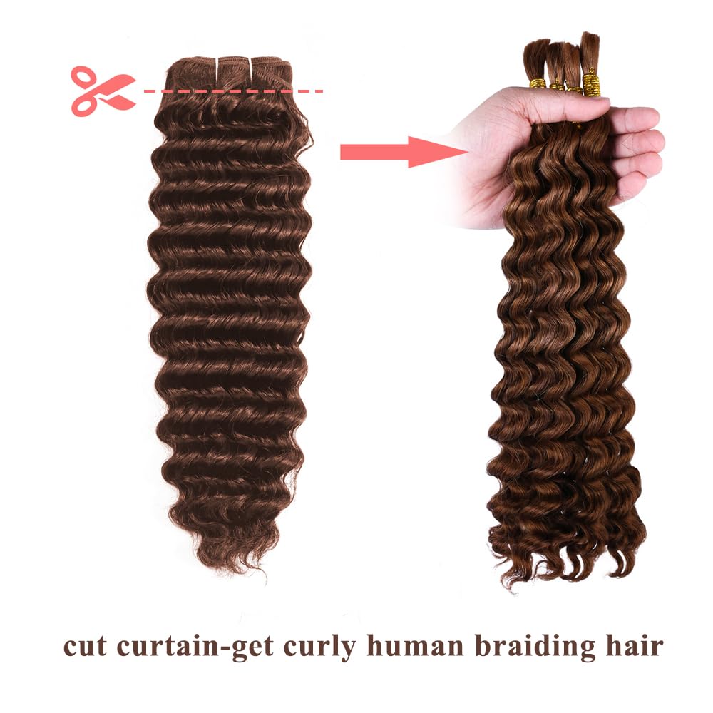 ALLRUN Deep Wave Brown Human Hair Bundles Curly Bundles Chocolate Brown Bundles For Braiding Brazilian Human Hair Bundles Curly Wave Extensions 4# Color 141618 Inch