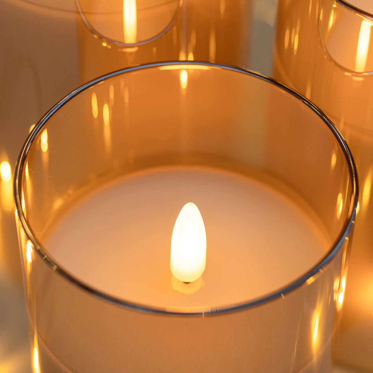 ANGELLOONG Glass Flickering Flameless Candles with Remote, Battery Operated Candles with Timer, Fake LED Pillar Candles for Home Fireplace Mantle Bathroom Decor, Gold